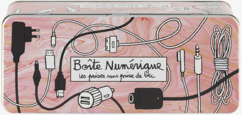 Bild av rosa plåtburk för laddare och kablar