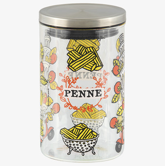 Bild av dekorativ glasburk med penne-tema för köket