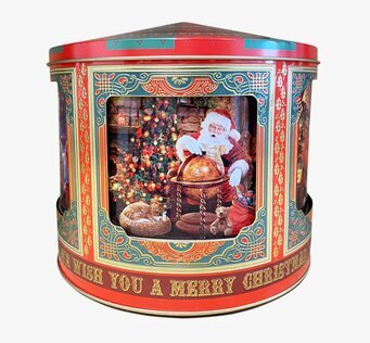 Bild av festlig plåtburk med julmotiv och jultomte