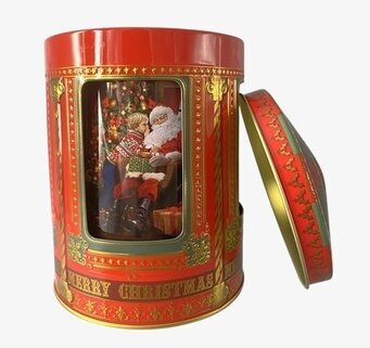 Bild av nostalgisk och festlig plåtburk för julen