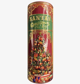 Bild av julinspirerad plåtburk med dekorerad gran