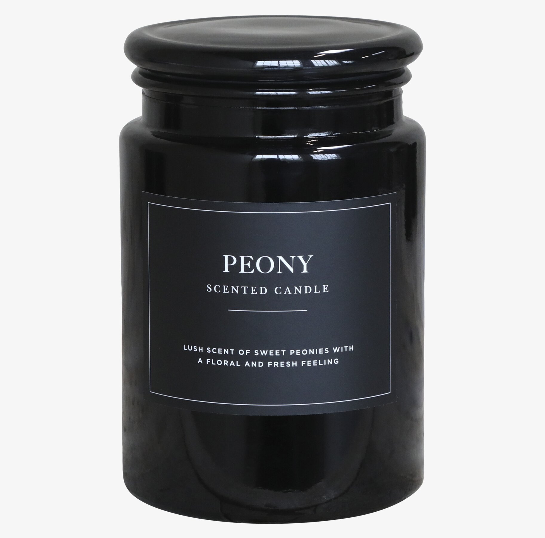 Doftljus Peony från Chic Antique i svart glasburk med etikett