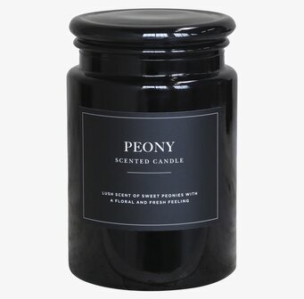 Doftljus Peony från Chic Antique i svart glasburk med etikett