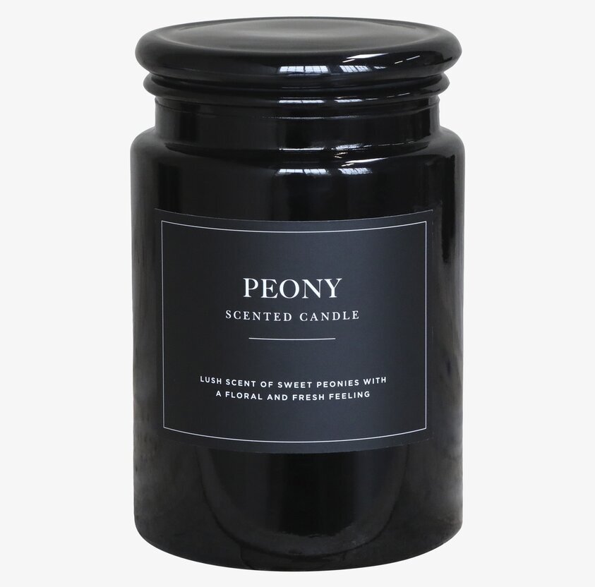 Doftljus Peony från Chic Antique i svart glasburk med etikett