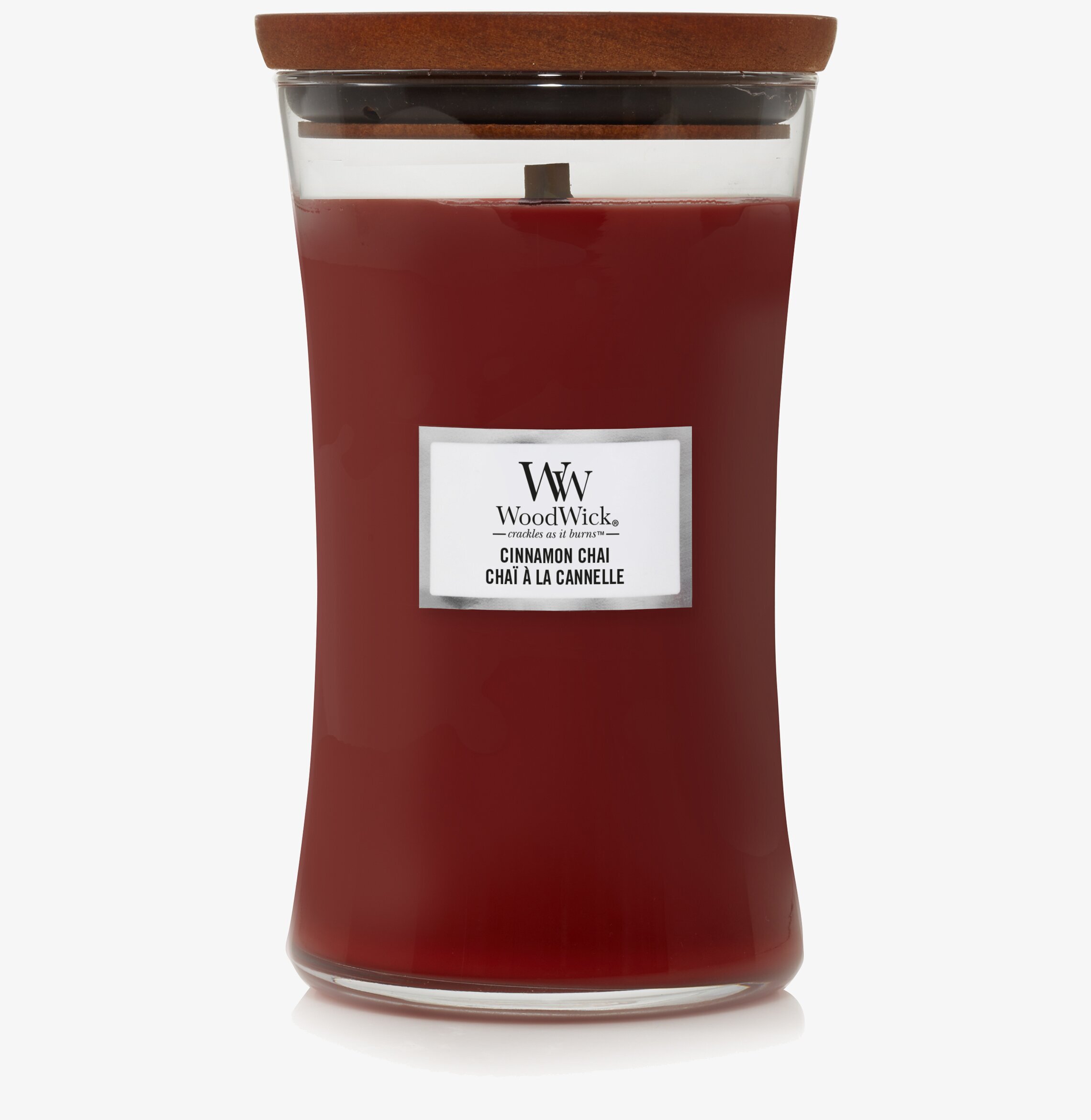WoodWick Cinnamon Chai Large ljus med trälock och etikett