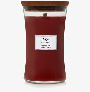 WoodWick Cinnamon Chai Large ljus med trälock och etikett