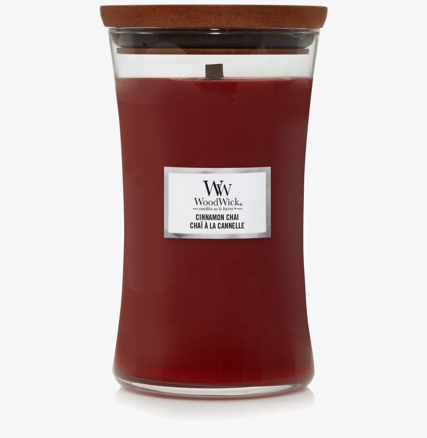 WoodWick Cinnamon Chai Large ljus med trälock och etikett