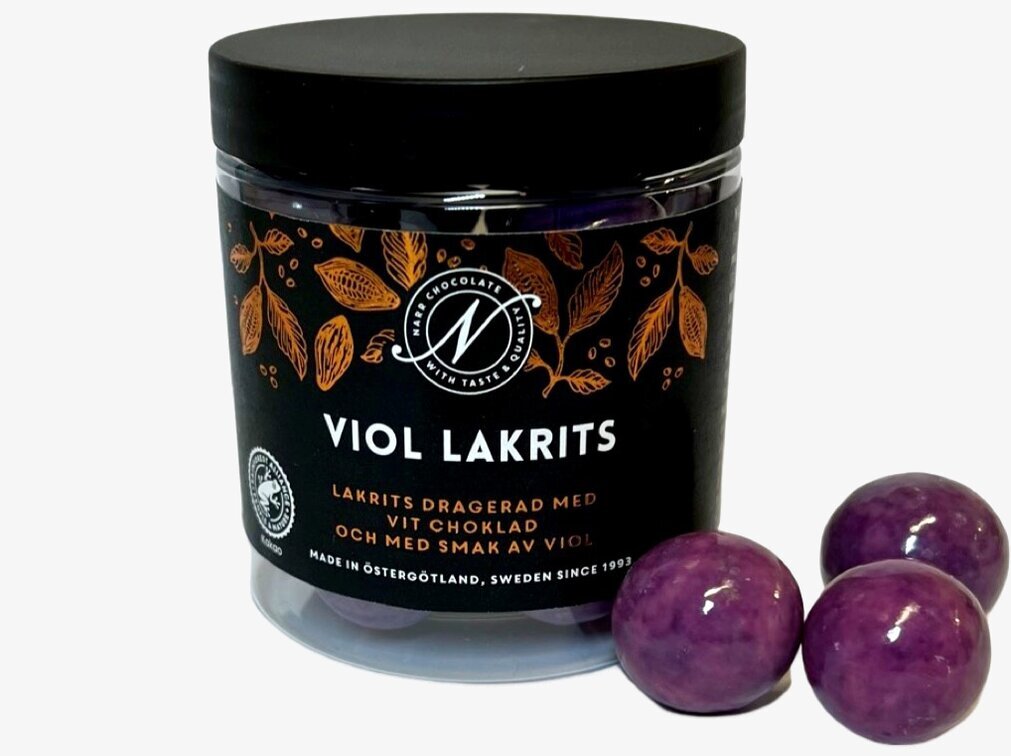 Viol lakrits från Narr Chocolate i genomskinlig burk