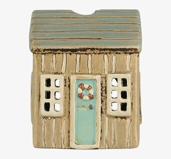 Bild av ljuslykta i beige och turkos med husdesign