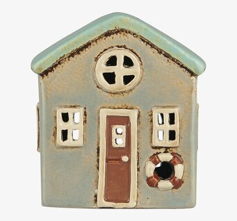 Bild av ljuslykta i form av ett hus med marina detaljer