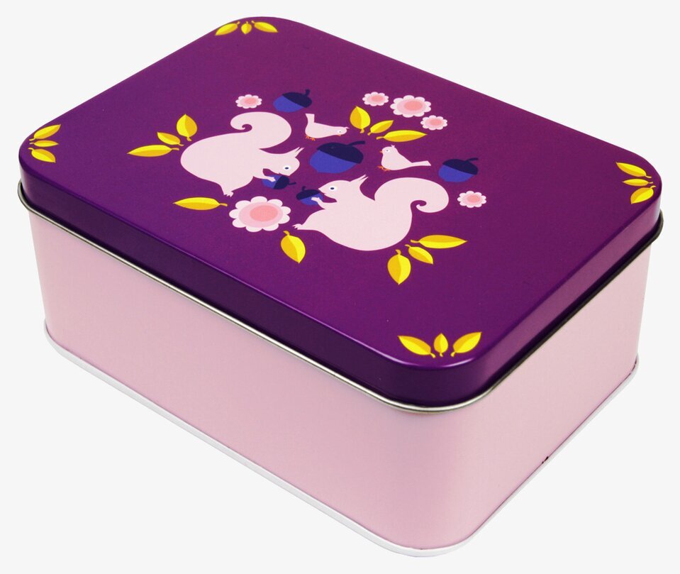 Blafre Mellanbox - lila ekorrepar, metallburk med ekorrar