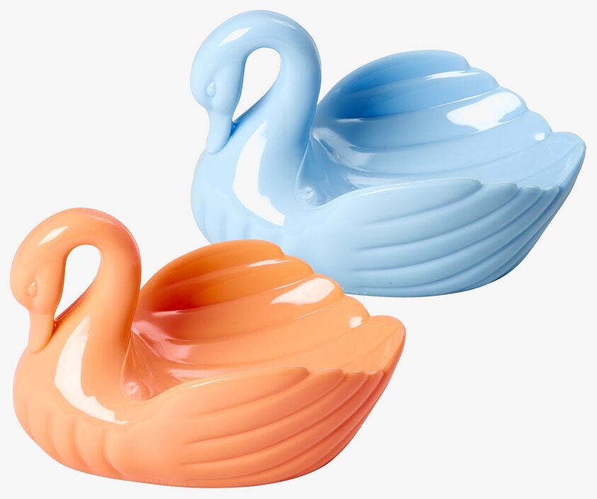 Tvålkopp Svan från Rice i blått och orange, sida vid sida