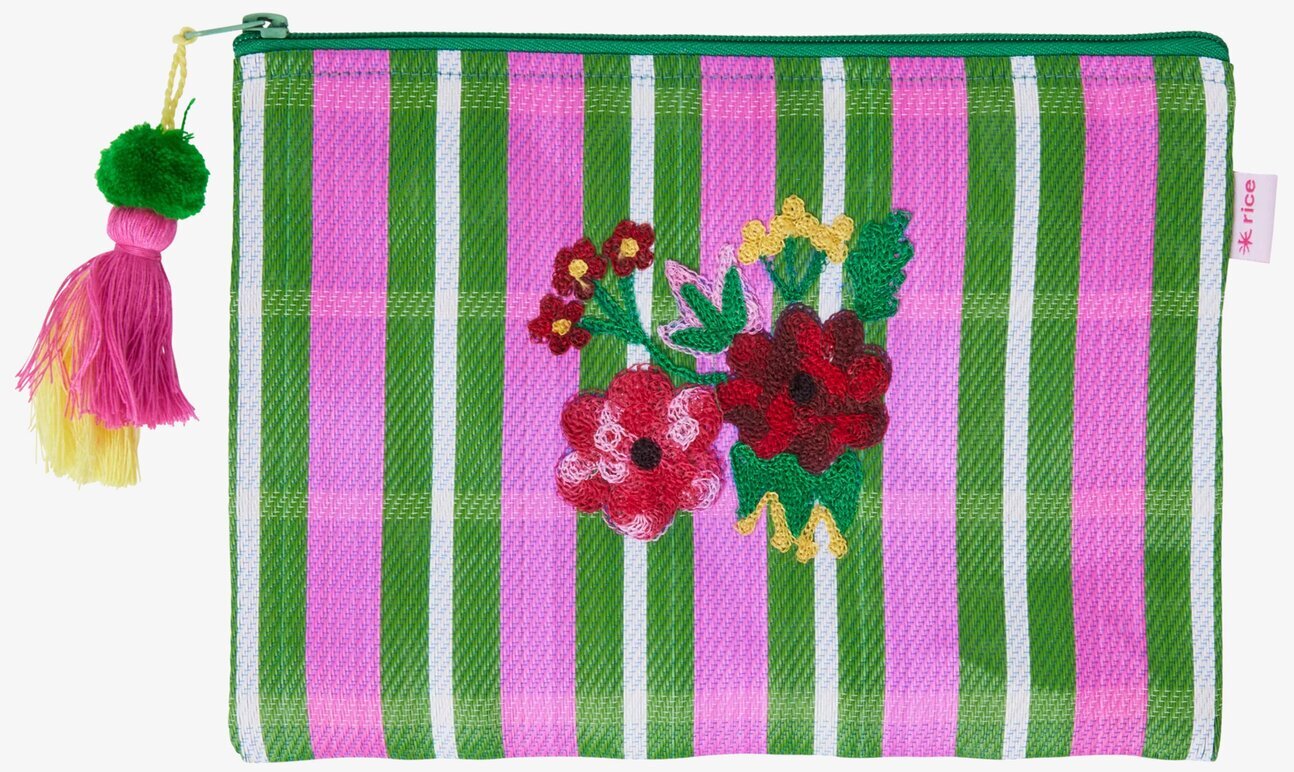 Liten Väska Broderad Blommor Grön/Rosa från Rice