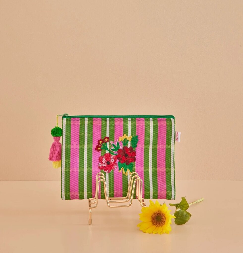 Liten Väska Broderad Blommor Grön/Rosa från Rice