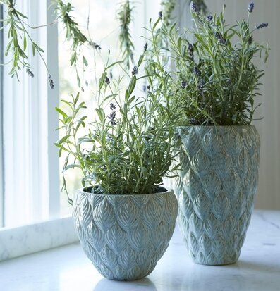 Kruka Rose Ljusgrön från Wikholm Form på vit marmorfönsterbräda