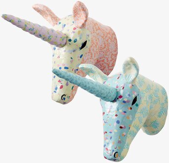 Enhörning Papier Mache från Rice, färgglad väggdekoration
