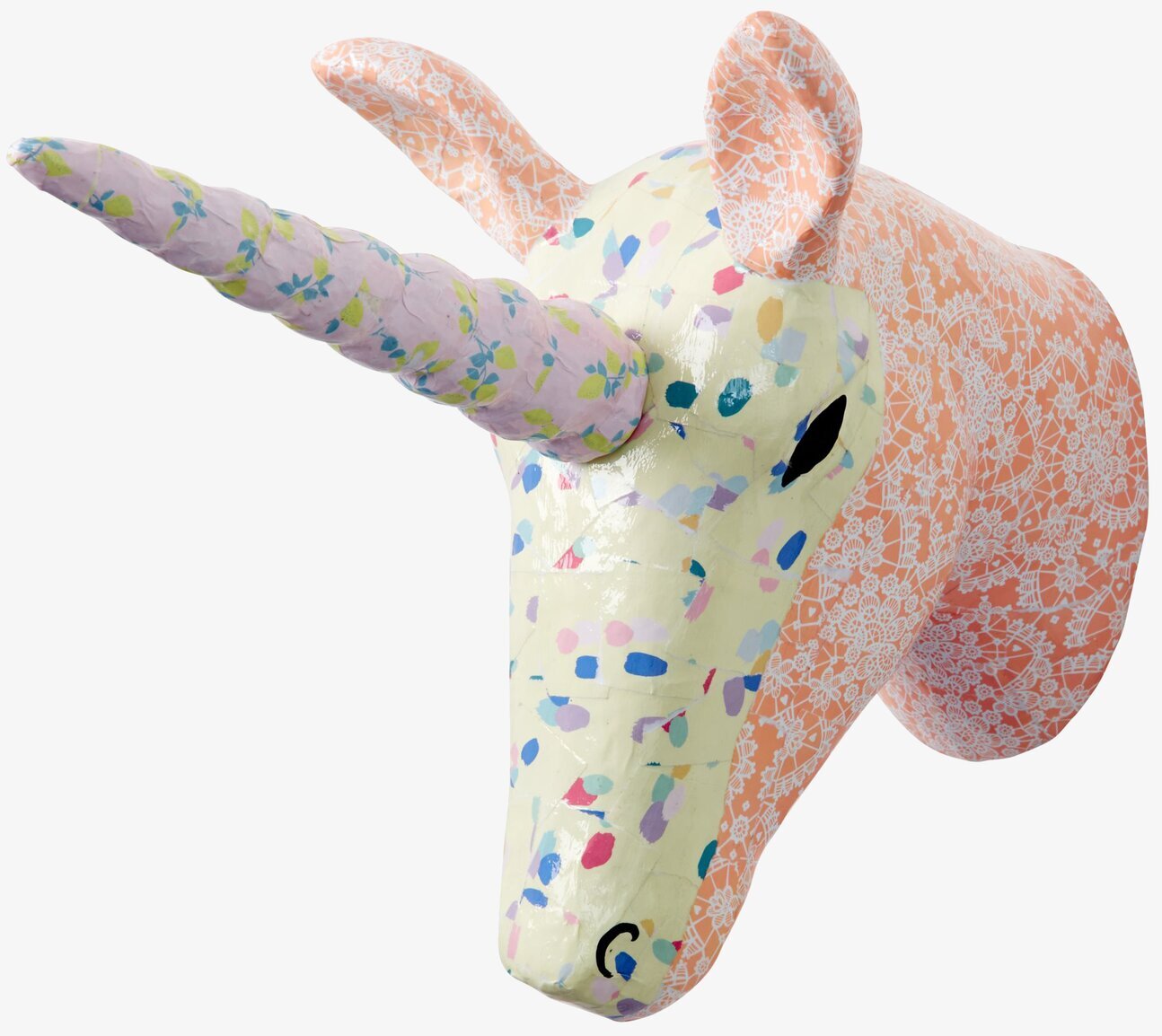 Enhörning Papier Mache från Rice, färgglad väggdekoration