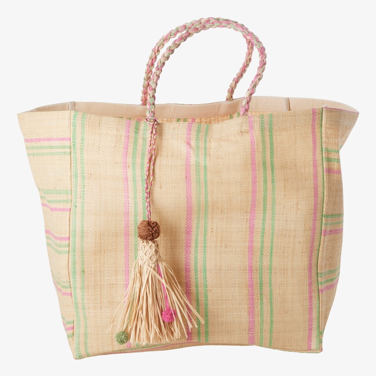 Shoppingväska Raffia Pink/Green från Rice med färgglada ränder