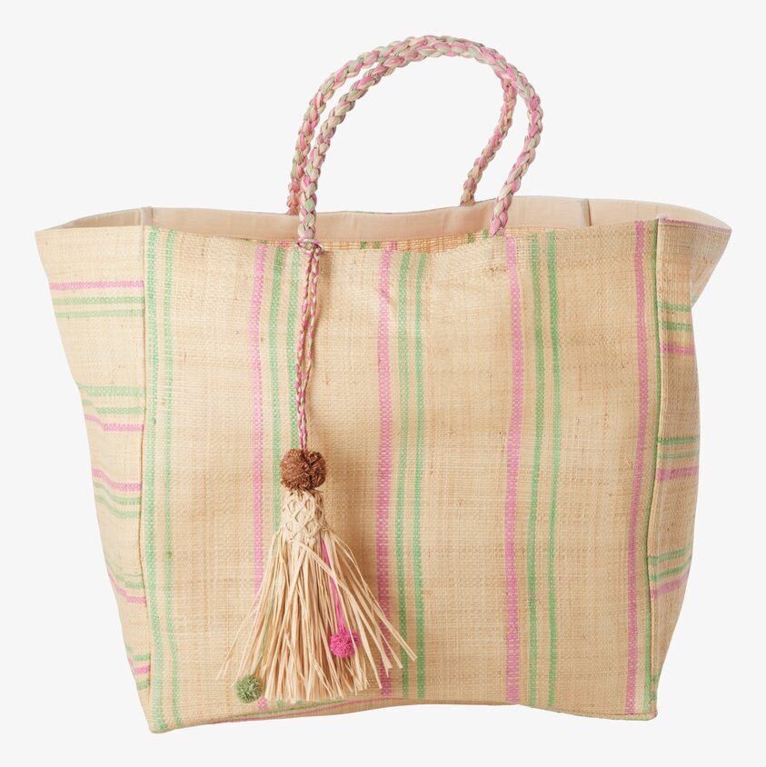 Shoppingväska Raffia Pink/Green från Rice med färgglada ränder