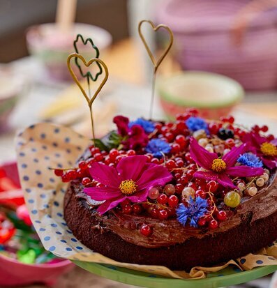 Tomtebloss Klöver Grön från Rice på chokladtårta med blommor