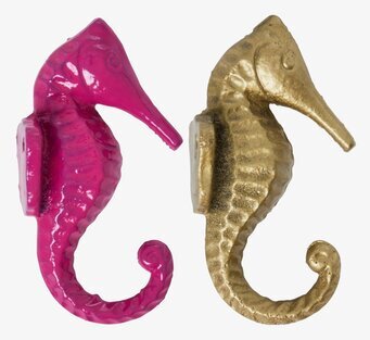 Väggkrok Sjöhäst från Rice i magenta och guld på vägg