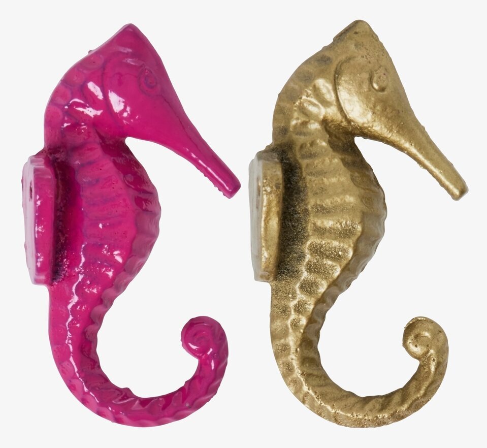 Väggkrok Sjöhäst från Rice i magenta och guld på vägg