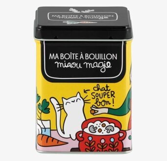 Bild av färgglad plåtburk med katt och buljongmotiv