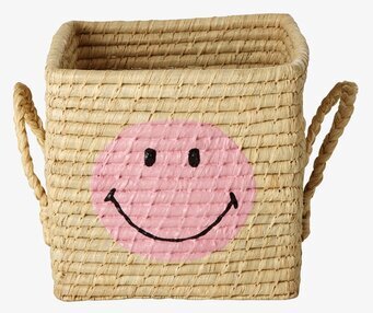 Förvaringskorg Raffia Natur Smiley från Rice med rosa smiley