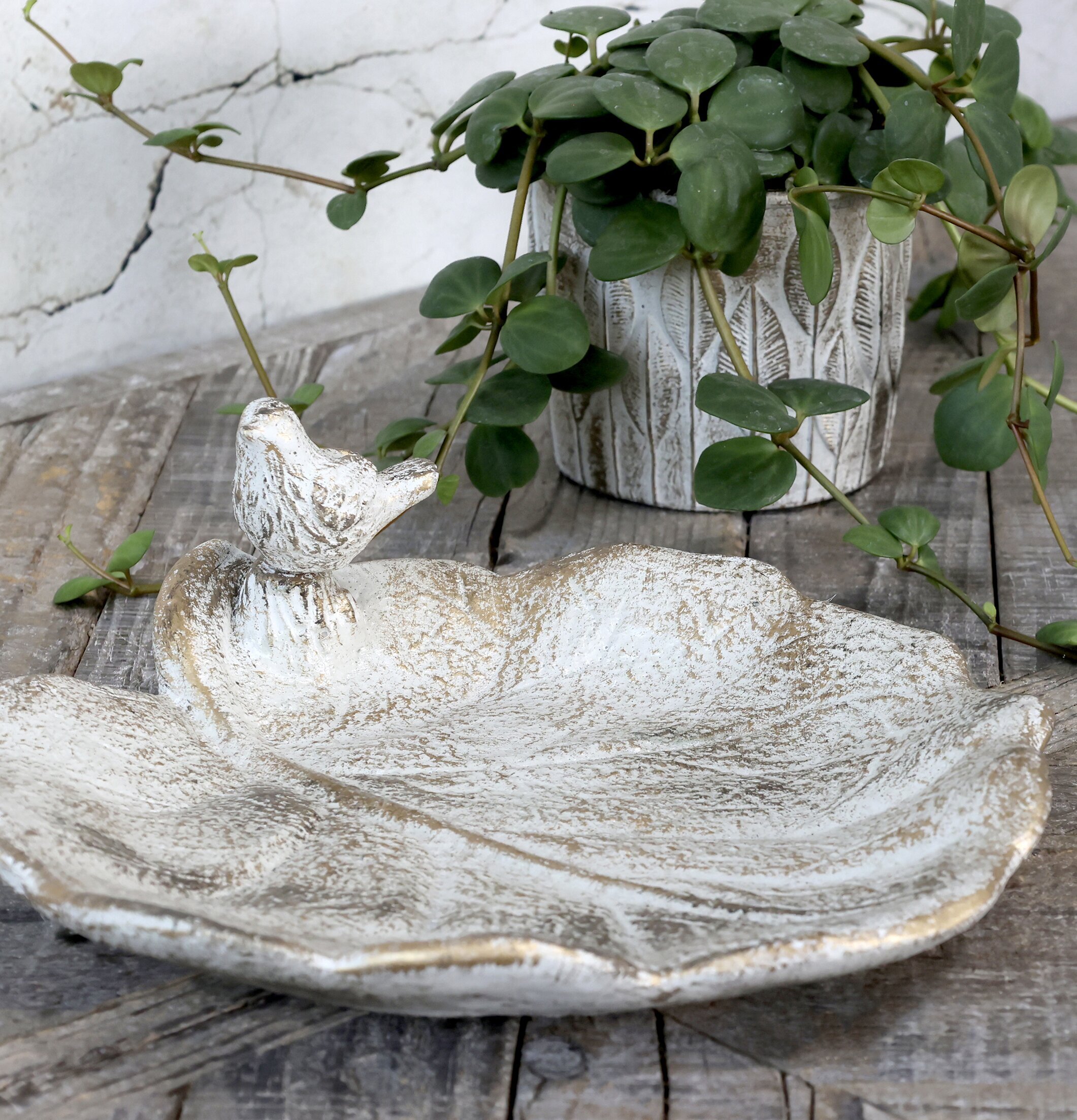 Fågelbad Med Guldmönster från Chic Antique på väderbitet trä