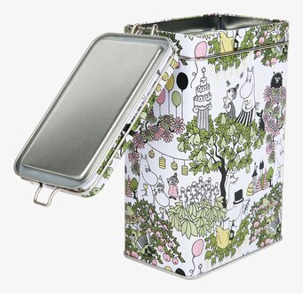 Bild av färgglad rektangulär kaffeburk med Mumintroll