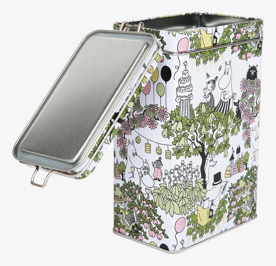 Bild av färgglad rektangulär kaffeburk med Mumintroll