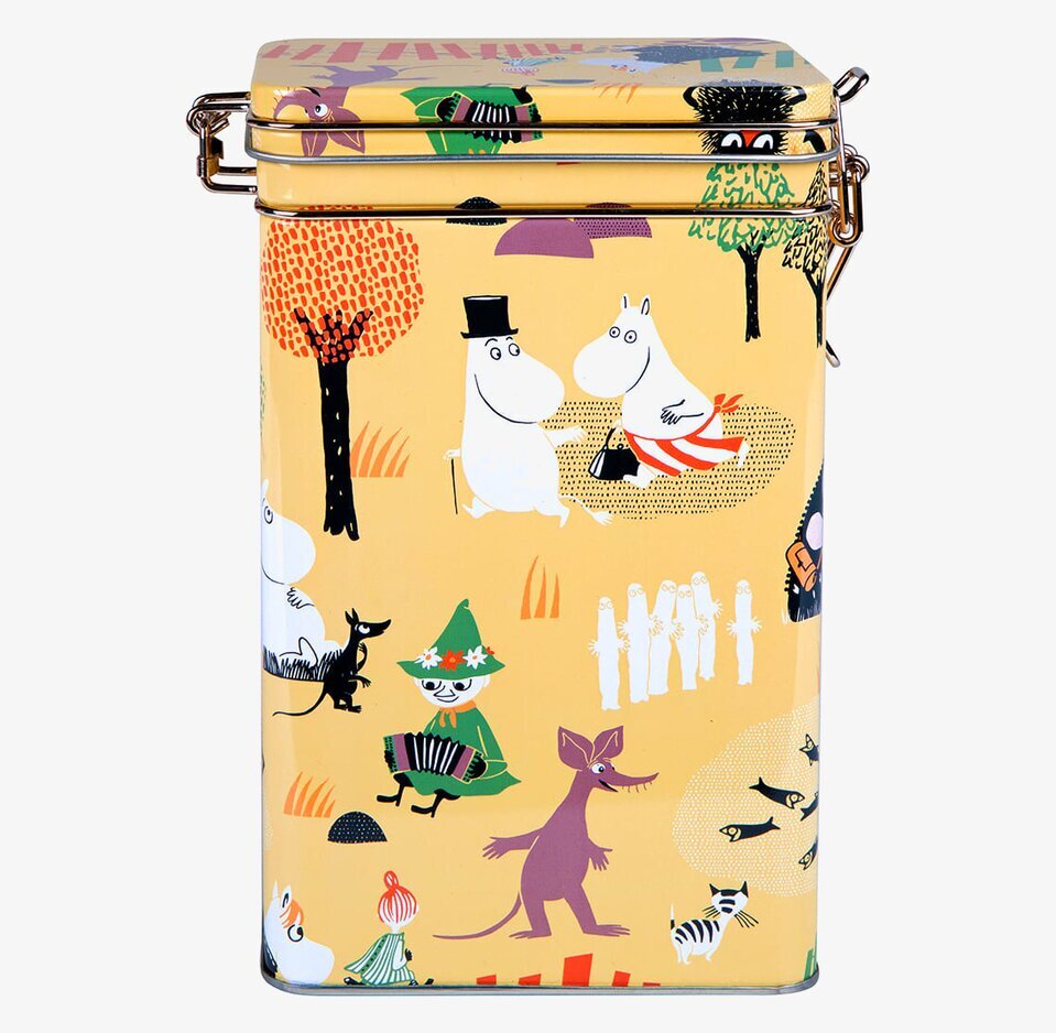 Bild av elegant kaffeburk med Muminmotiv i skogen