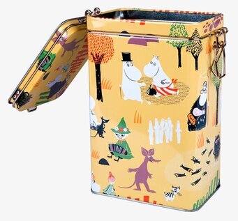 Bild av charmig kaffeburk med Mumin-illustrationer