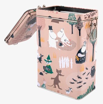 Bild av rektangulär kaffeburk med Mumintroll-design