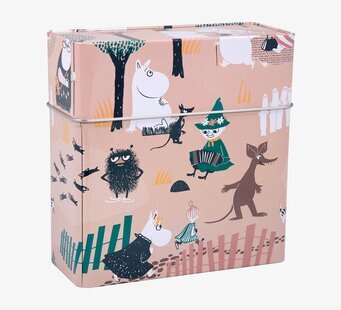 Bild av färgglad kaffefilterburk med Muminmotiv