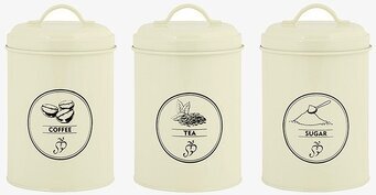 Bild av stilrena plåtburkar för kaffe, te och socker