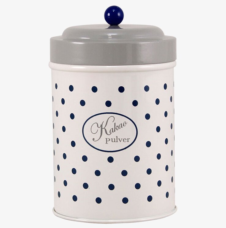 Plåtburk Barbro Kakaopulver från Strömshaga med blå prickar