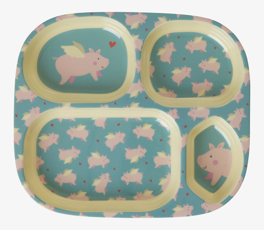Barntallrik 4-Fack Flying Pig Print från Rice i fyrkantig form