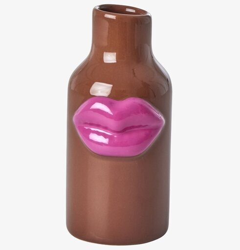 Keramikvas Brown Lips från Rice med brun yta och rosa läppar