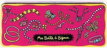 Bild av färgglad plåtburk med smyckestema och text