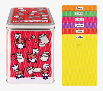 Bild av färgglad plåtburk för recept med kockmotiv