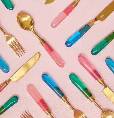 Mässingsbestick Kniv Grön Gaffel Sked Rosa Rice Bestick (att äta med)