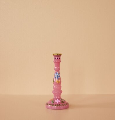 Ljusstake Med Handmålade Blommor Rosa från Rice på beige yta