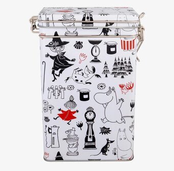 Bild av färgglad kaffeburk med Mumin-illustrationer