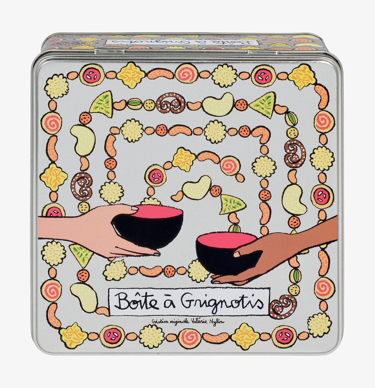 Bild av plåtburk med färgglada snacks och gemenskap