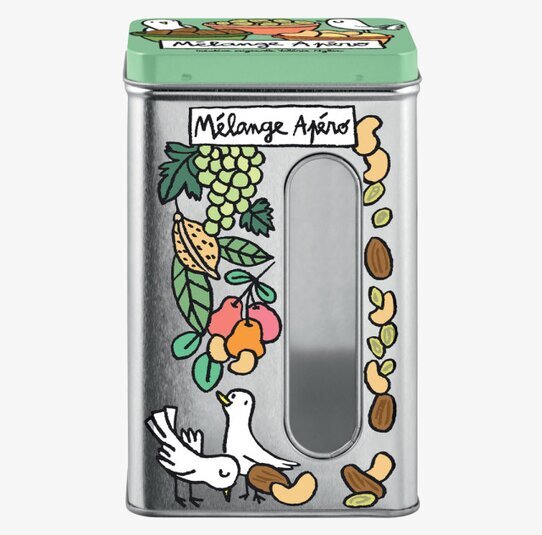 Foto av färgglad plåtburk för nötter och torkad frukt