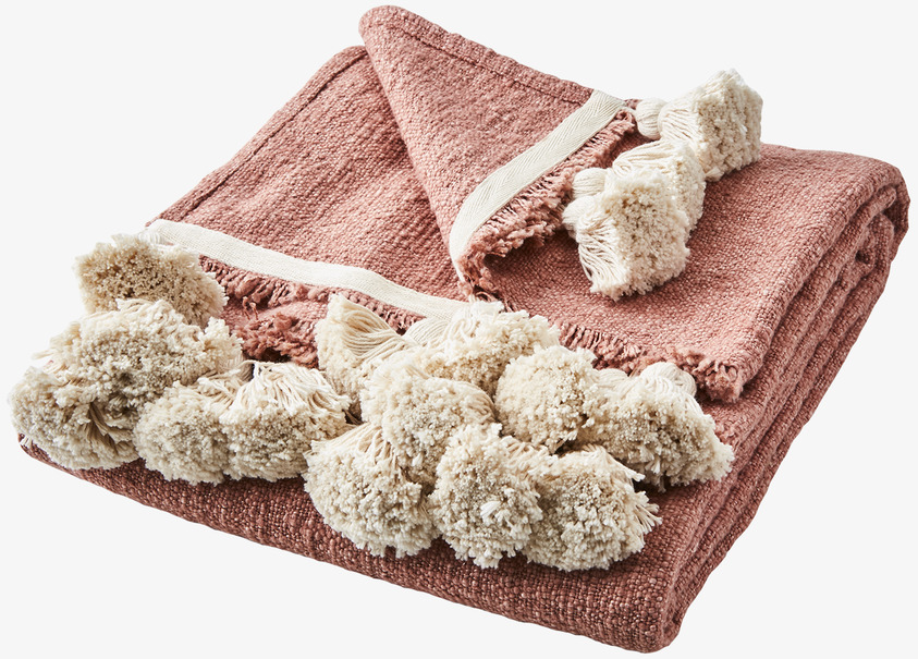 Pläd Lolly Korall/Beige från Affari med beige tofsar