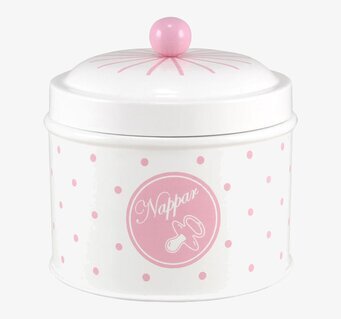 Bild av plåtburk med rosa prickar och nappmotiv