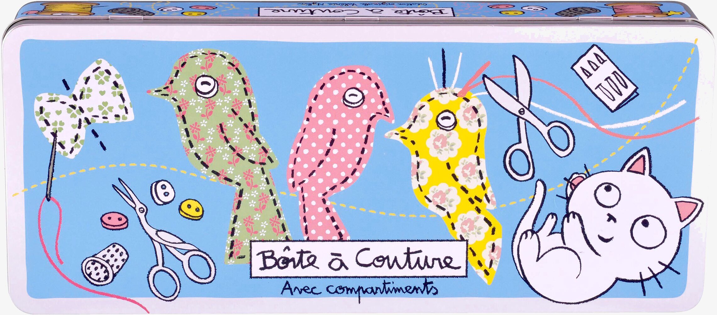 Bild av charmig plåtburk med färgglada sydekorationer