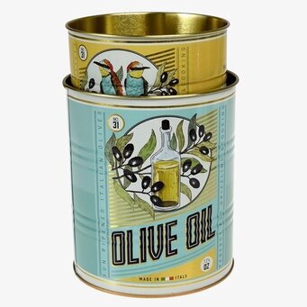 Bild av retro plåtburk för olivolja med naturmotiv